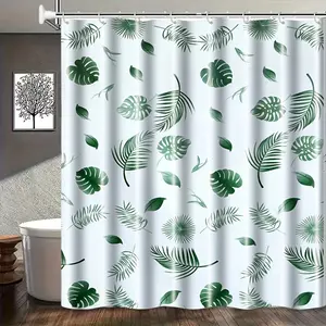 1pc green leaf shower curtain with plant pattern, easy to clean, comes with 12 hooks, all-season bathroom decoration, home use, with riveted top, suitable for bathroom, privacy screen, quick-drying and washable, blackout