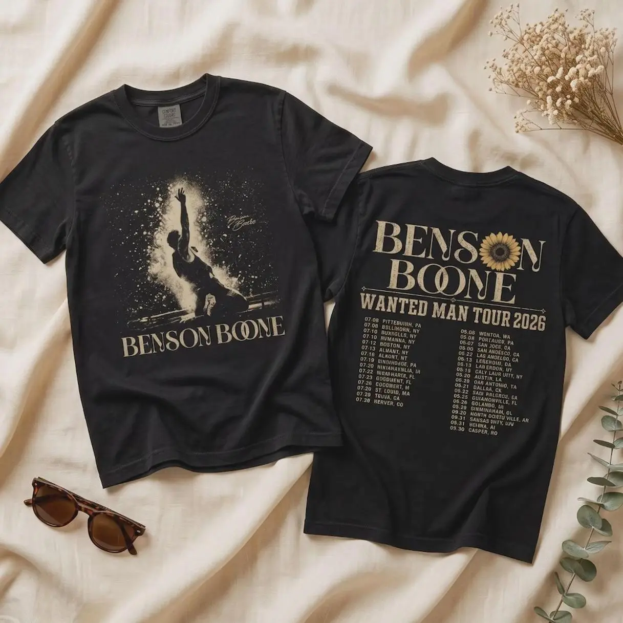 Women's Benson Boone Wanted Man Tour 2026 Cotton T-Shirt - Vintage Concert Top, Cute Athletic Digital Print Fan Gift for Yoga Exercises, Short-Sleeve Trendy Present
