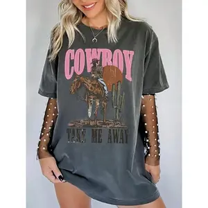 Ship within 24 hours Womens Western Cowboy Letter Print Round Neck Tee Graphic Cotton T Shirt Silky Soft Casual Short Sleeve Top Spring Fall Country Concert Outfits Daily Wear Comfortable Fashion Tee Gift Idea