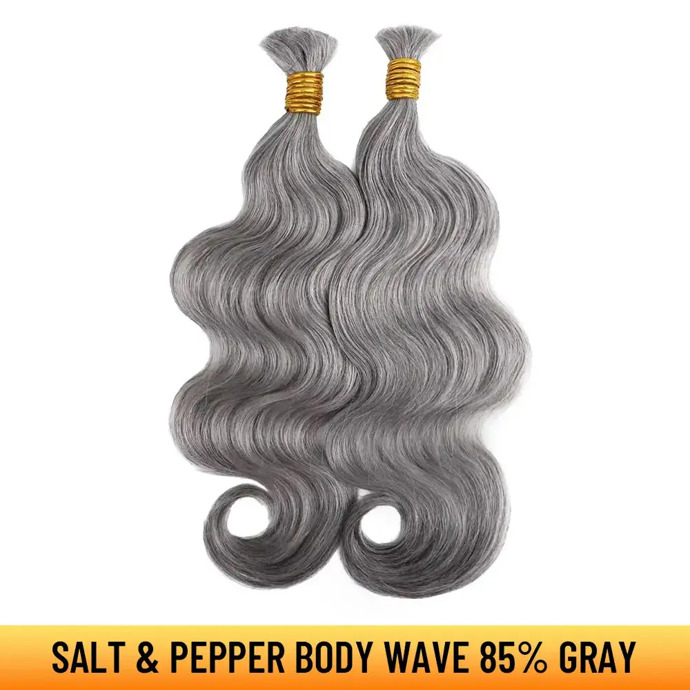 YGwigs Salt and Pepper Bulk Hair Deep Wave Body Wave for Braiding 70% 85% Gray