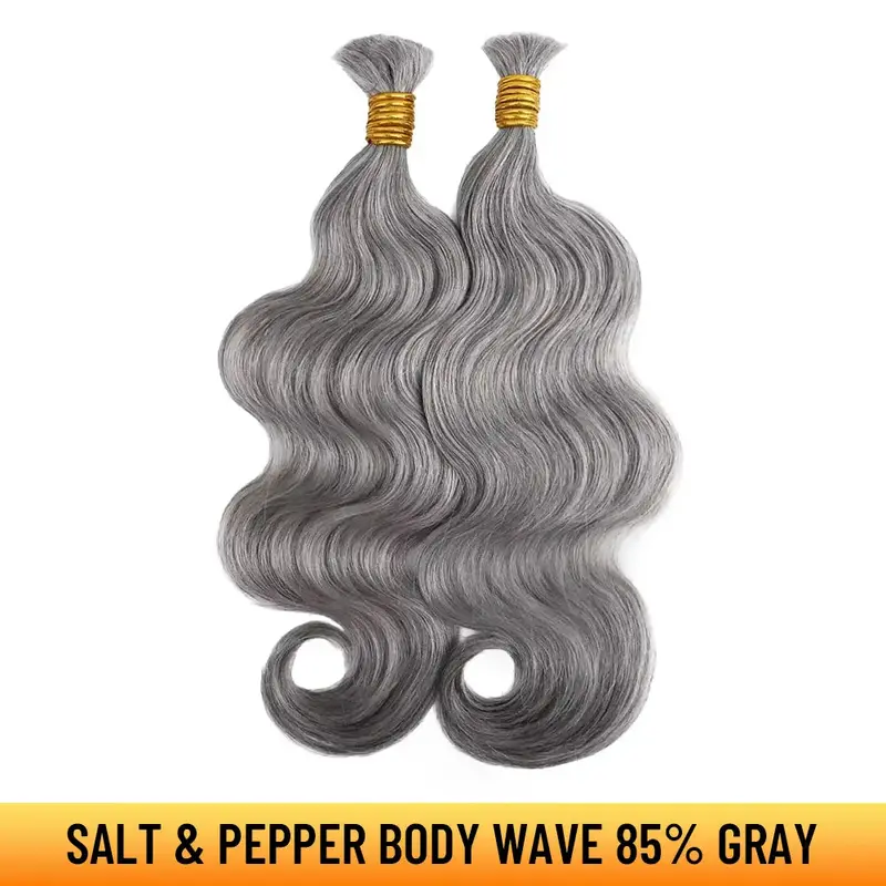 YGwigs Salt and Pepper Bulk Hair Deep Wave Body Wave for Braiding 70% 85% Gray