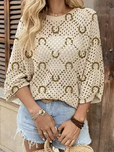 Summer Boho Batwing Sleeve Knitted Top, Round Neck Hollow Out Knitwear, Horsehoe Pattern Print, Casual Elegant Commute, Beach Cover-Up, Womenswear