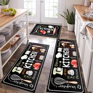 2PCS Black Modern Kitchen Rug, Diatomaceous Earth Kitchenware with Tomato Print Runner Mat Non-slip and wear-resistant, water-absorbent and quick-drying, machine washable Suitable for dining rooms, bathrooms, laundry rooms, kitchen sets