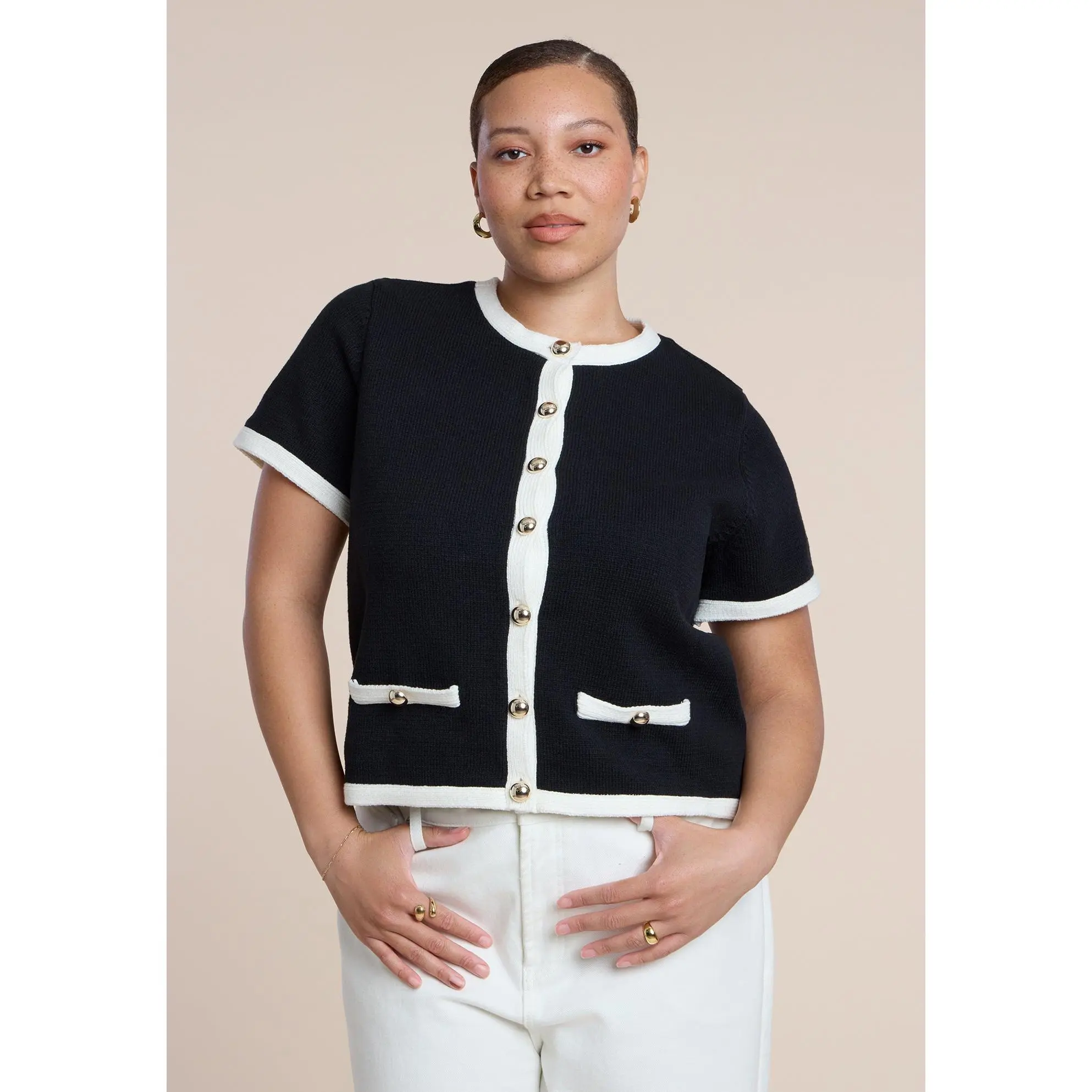 ELOQUII Women's Plus Size Tipping Detail Cropped Cardigan