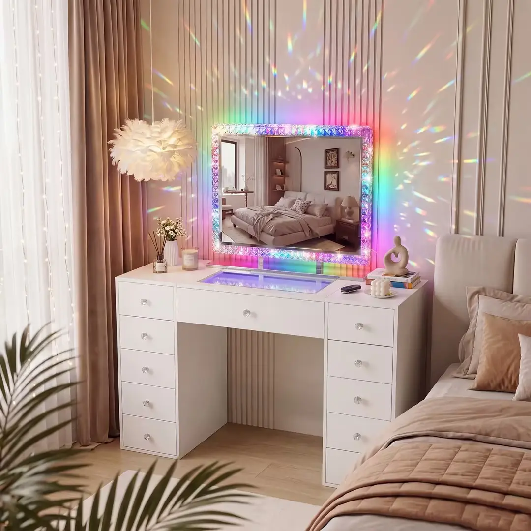 VANITII Vanity table with Mirror and lights 11 Drawers white 51×22×56''