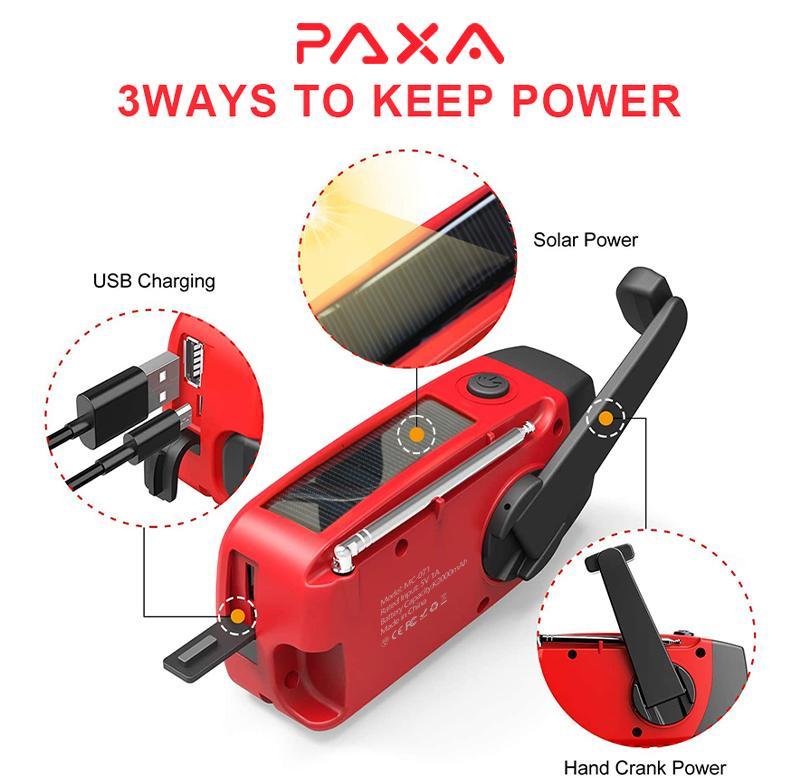 PAXA Compact Solar Powered Hand Crank Radio, Chargeable Power Bank Weather Radio with Flashlight for Charging Phones, Portable Charger Radio with LED Lights