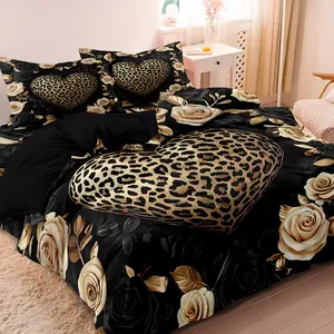 Leopard Heart Rose Print Bedding Set, 3 Piece Polyester Fiber Sheet Set (1 Flat + 2 Pillowcases), No Core Design, Home Decor Essentials, Duvet Set