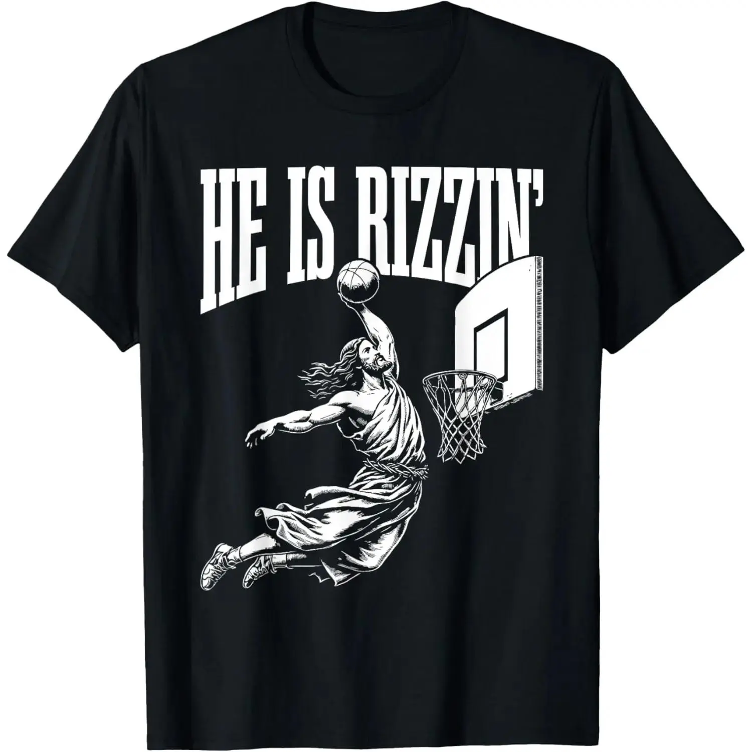 He Is Rizzin' Graphic T-Shirt, Funny Jesus Basketball Meme, Unisex Casual Loose Fit Pure Cotton Top for Easter, Garment, Classic