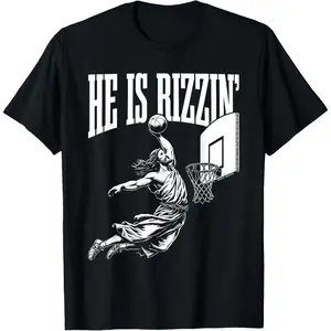 He Is Rizzin Funny Jesus Basketball Meme Easter Christian T-Shirt Pure Cotton Graphic Tees: Unisex Gifts for Men Menswear Soft