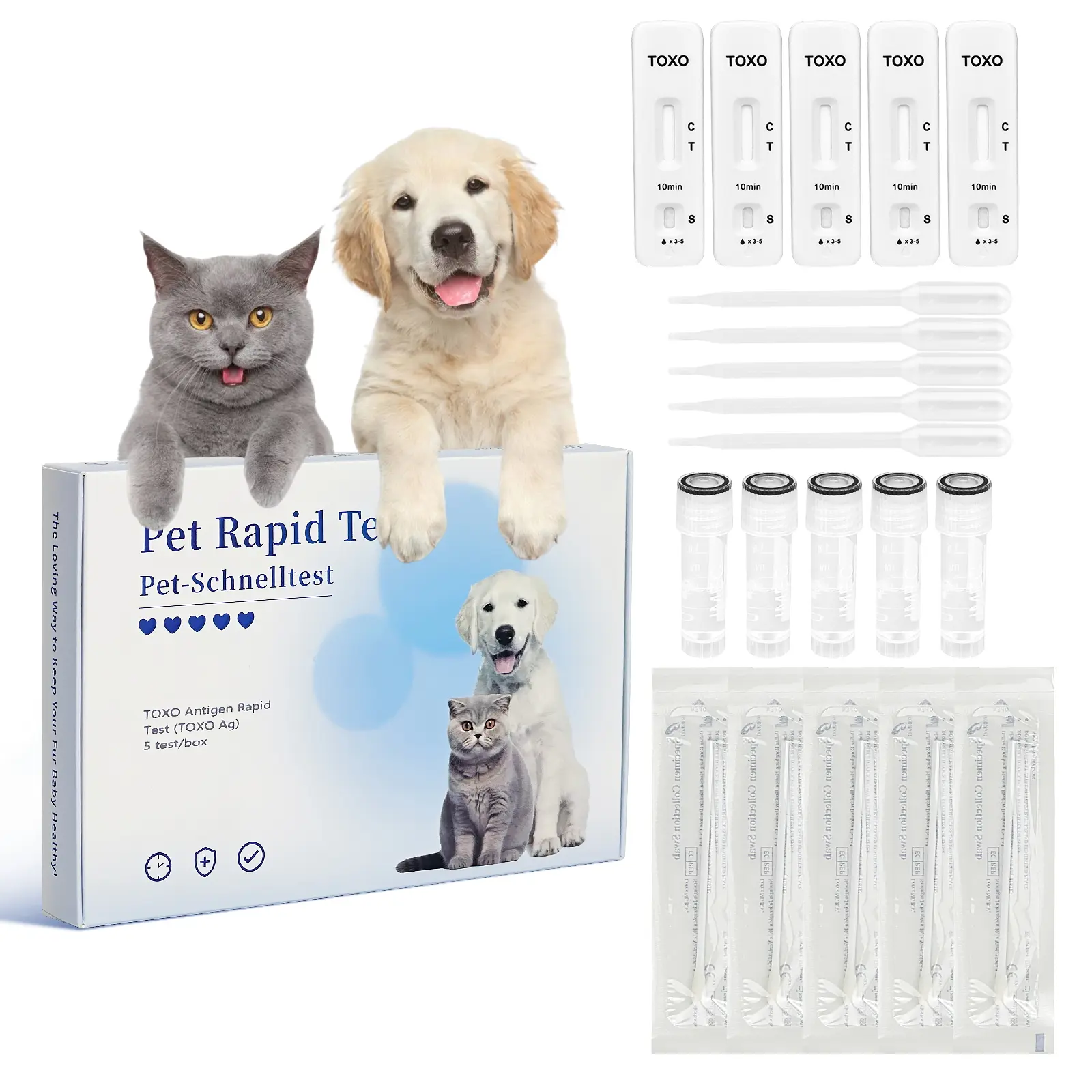 PawsXfun Toxoplasmosis (TOXO) Test Kit for Dogs & Cats - 5-Piece Fecal Detection with Cotton Swabs, Assay Buffer, Product Manual, 5-Minute Results, Affordable & Non-Invasive Easy Home Testing for All Breeds & Ages