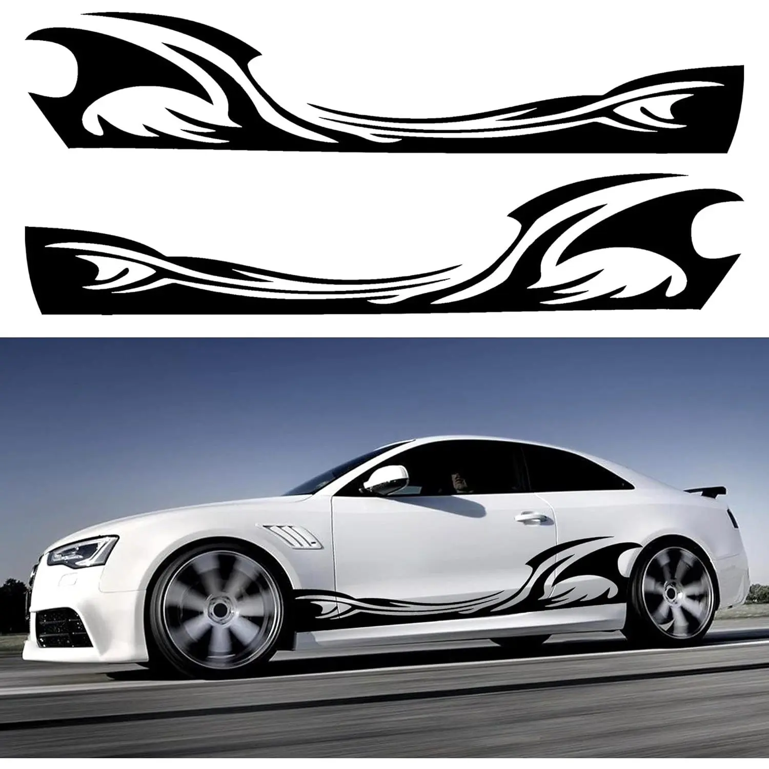 TOMALL 2Pcs 82in Wave Flame Graphics Car Body Side Stickers - Racing Sports Stripes, Waterproof Universal Vinyl Decals for Cars, Trucks, SUVs, Off-Road Vehicles (Black), Sticker For Cars