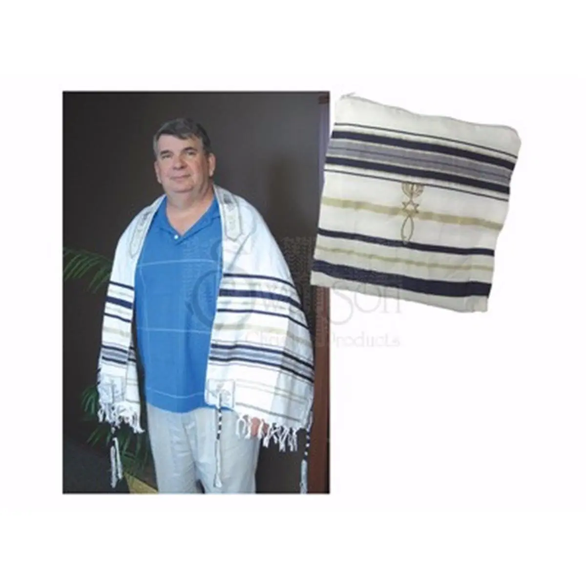 Swanson Christian Supply 80136 Religious Prayer Shawl - 72x22 in White Tallit with Gold, Dark Blue Threads, 0.5 lbs