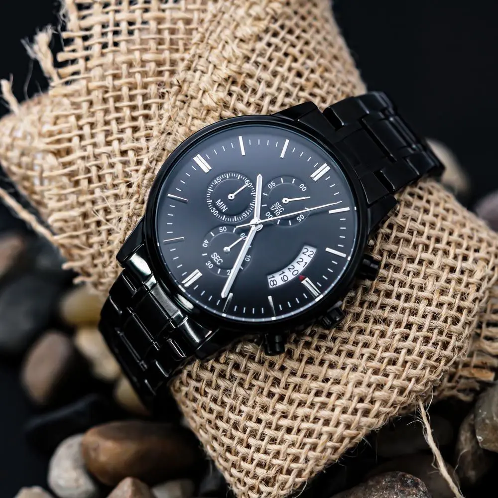 Custom Engravable Black Chronograph Watch with Stainless Steel Band