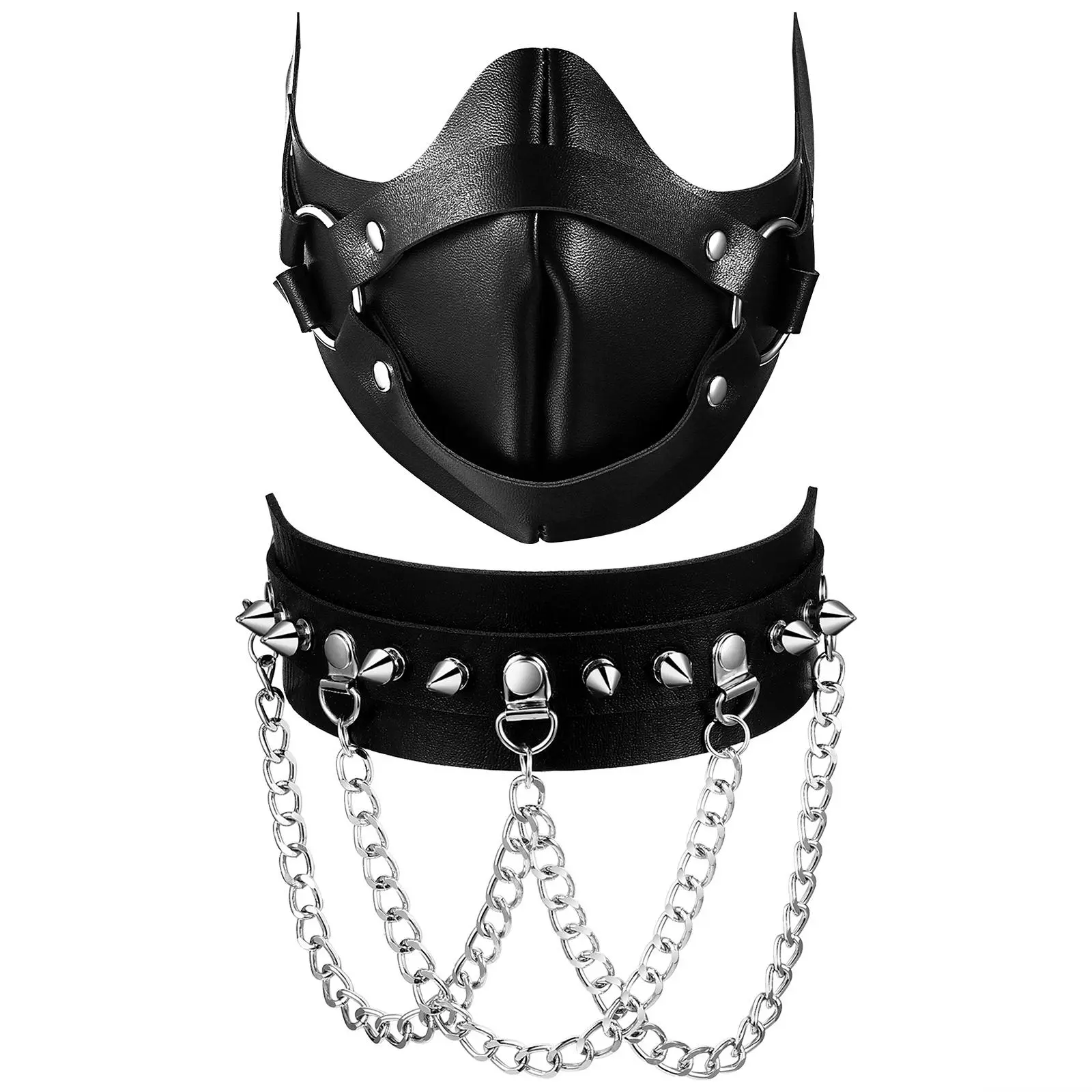 OIDEA 2-Piece Leather Tactical Mask & Chain Choker Strap Party Accessories Set - Punk Rivet Masquerade Accessory for Halloween Cosplay