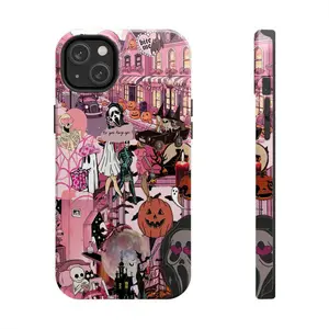 Pink Halloween Phone Case – Cute & Spooky Collage with Ghostface, Pumpkins, Skeletons, Haunted House and Witchy Details – Protective Cover for iPhone 7–16, Samsung S21–S24, Google Pixel 6–9