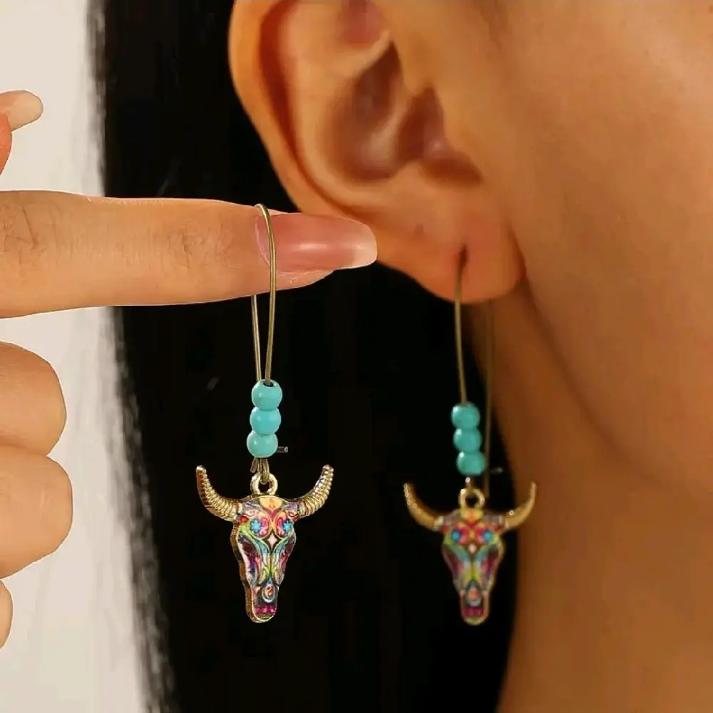 Vintage Tribal Bullhead Earrings Western Rodeo Accessory with Colorful Beads and Turquoise Beads for Stylish Wear