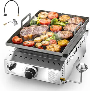 Stainless Steel Tabletop Grill,18 Inch Portable Propane Grill Griddle with Handle,8000 BTU Flat Top Grill for Camping, Outdoor & Tailgating Barbecue