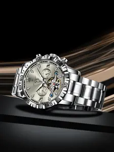 Poedagar Top Luxury Men's Date Automatic Week Men's Watch Hollow Rotating Mechanical Stainless Steel Men's Watch Skeleton Watches