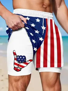 Men's American Flag 2-in-1 Swim Trunks USA Patriotic Compression Liner Board Shorts 4th of July Independence Day Beach Surfing Shorts