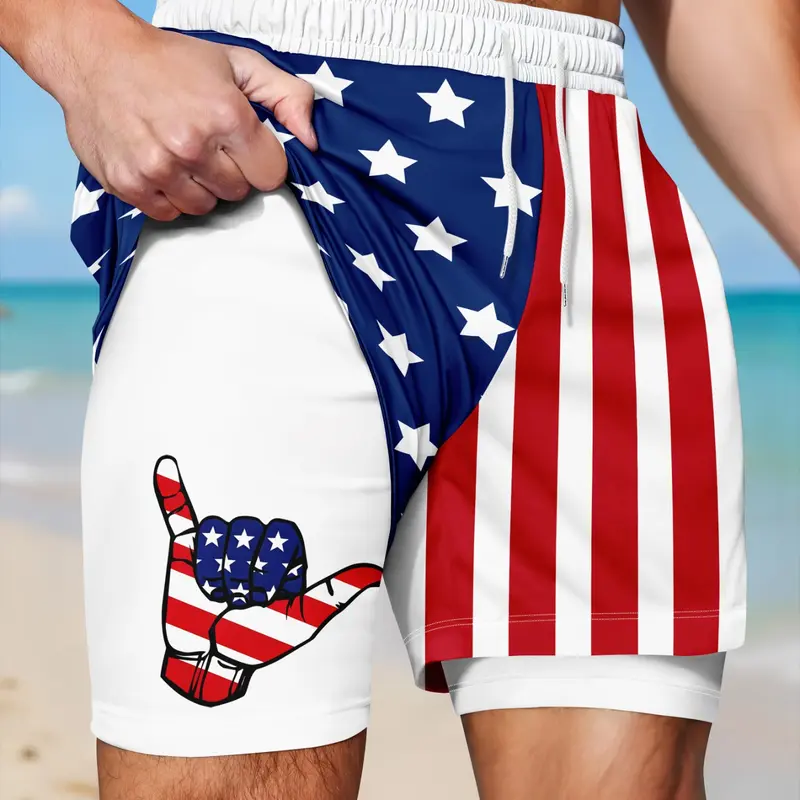 Men's American Flag Print Double-Layer Lining Beach Shorts, Beach Trunks, Summer Beach Trunks, Hawaiian Gesture Pattern, Sporty Loose-Fit, All Seasons