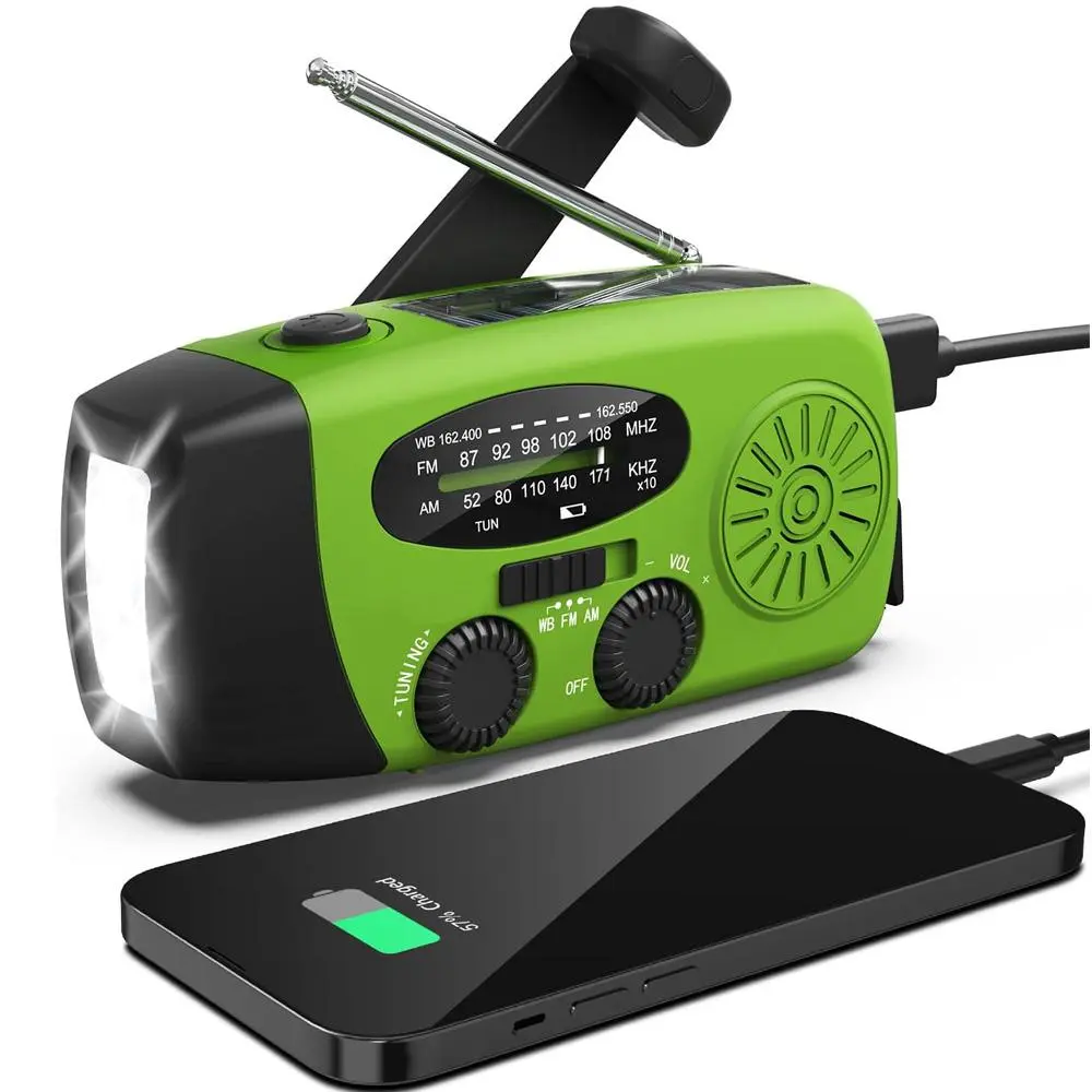 Emergency Hand Crank Radio with 2000mAh Power Bank, AM/FM/NOAA Weather Radio with Flashlight, Solar Powered USB Rechargeable Radio