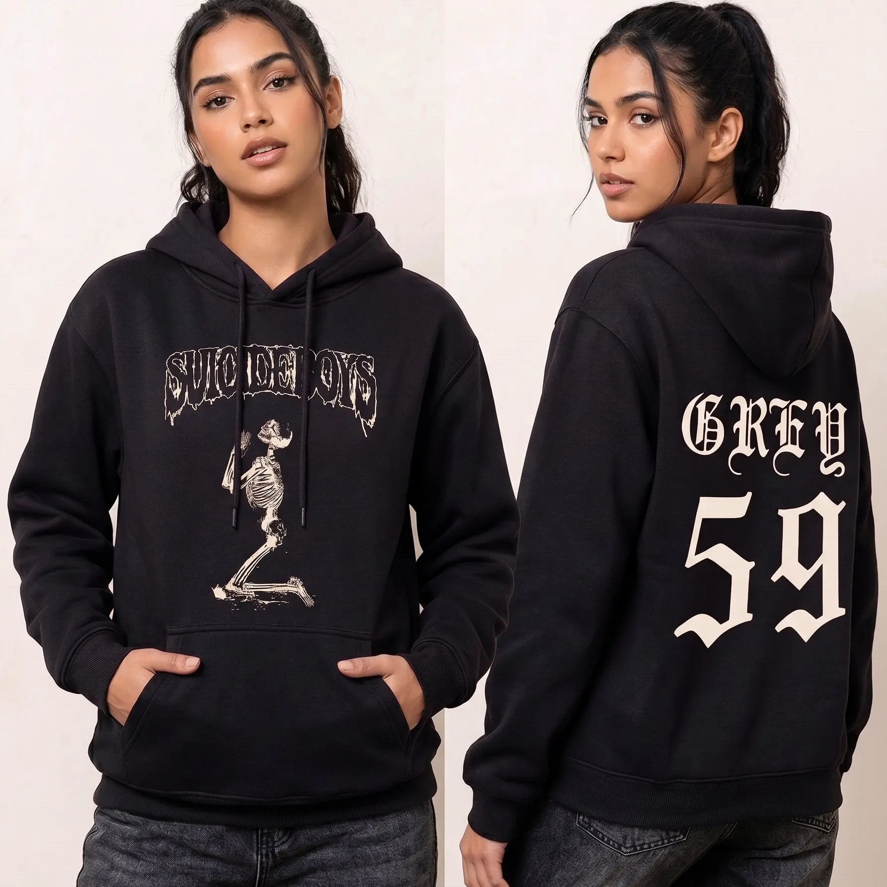 Grey 59 Skeleton Prayer Graphic Pullover Hoodie, 2 Sided Gothic Streetwear, Casual Unisex Trendy Top, Perfect Gift for Women Men