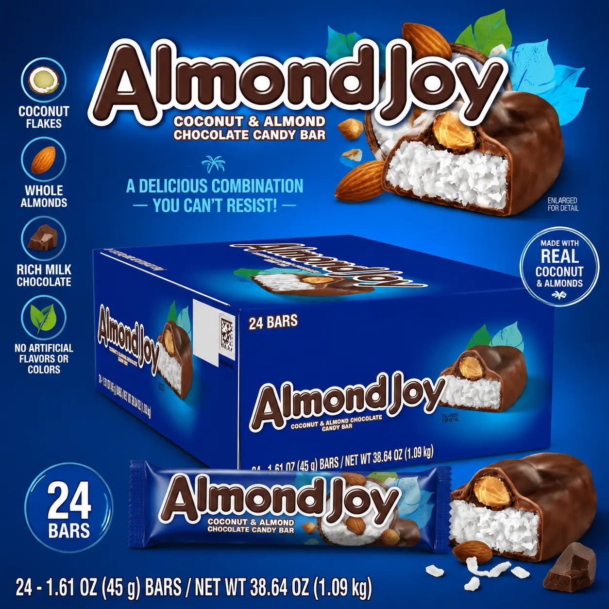 Almond Joy Coconut and Almond Chocolate Candy Bar 1.61 oz 24 Count Milk Chocolate Candy