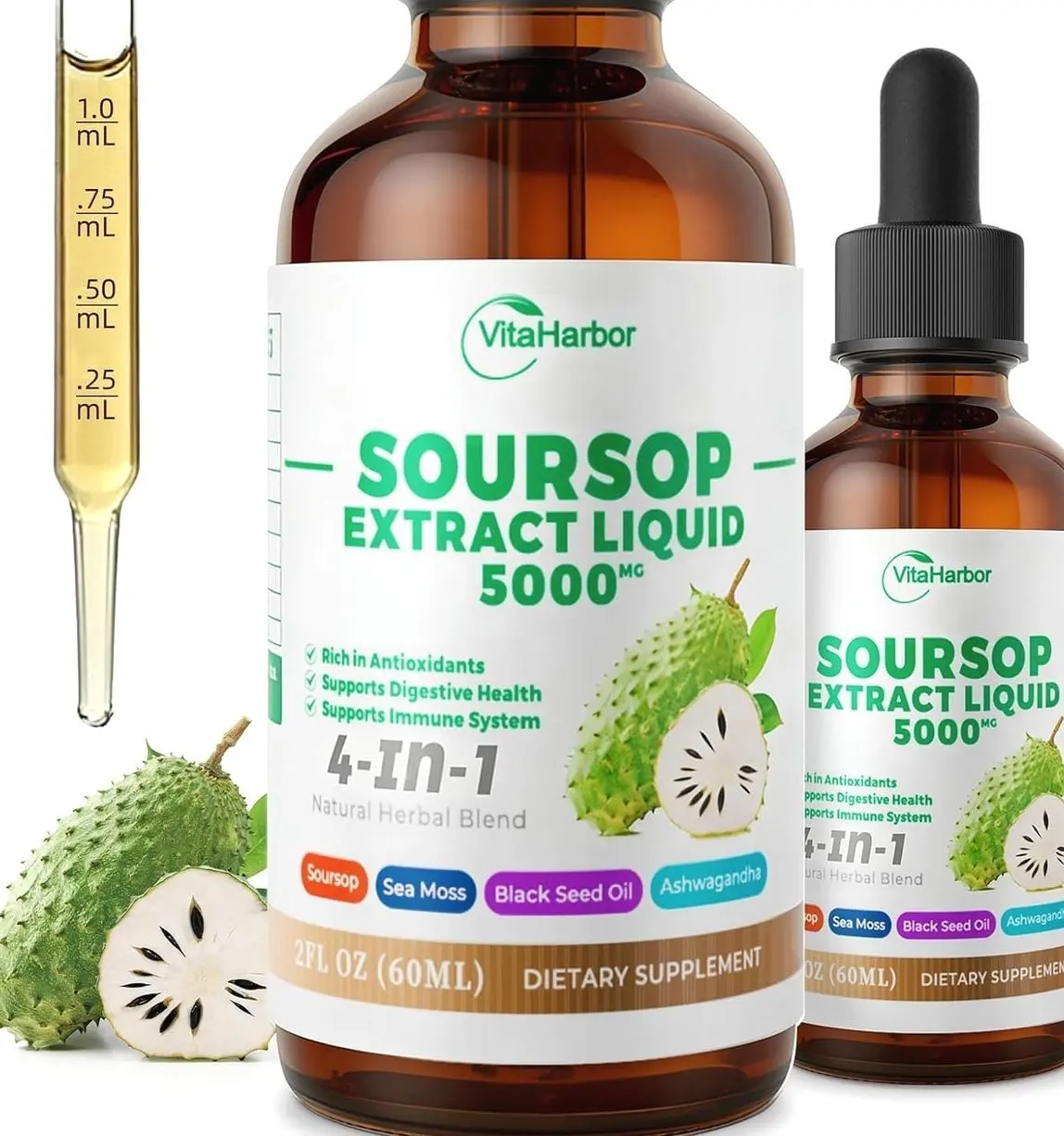 4-in-1 Soursop Bitters Liquid, Soursop Oil with Sea Moss & Black Seed Oil & Ashwagandha, for Immune & Digestive & Cell Support, Sugar-Free | Non-GMO | Vegan (2 Fl oz) Slightly Sweet Flavor