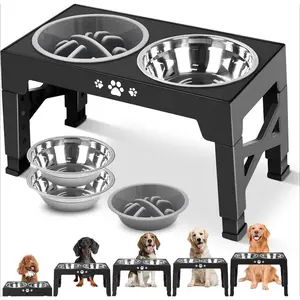 Dog Bowls, Dog Feeder with 2 Stainless Steel Bowls &1 Slow Feeder Dog Bowls, 5 Heights Adjustable Raised Dog Bowls Stand for Medium Large Dogs, Dog Food Bowls with Non-Slip Feet