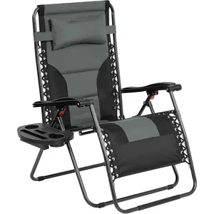 29in Full Padded Zero Gravity Chair Oversized Outdoor Patio Folding Lounger Adjustable Portable Anti Gravity Recliner w/Carry Strap, Side Cup Tray, Pillow for Beach Yard Lawn Gray/Black/1
