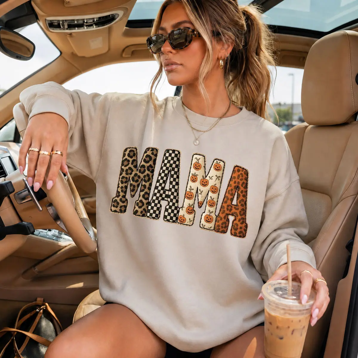 [PRINTED Sweatshirt] Halloween Mama Patchwork Sweatshirt, Leopard Checkered Pumpkin Graphic Crewneck, Spooky Fall Shirt for Women, Gift for Mom