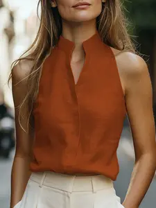 Women's Linen Halter Neck Shirt, Stand Collar Sleeveless Casual Top, Office/work/dating/photoshoot, Chic/low Key/simple Style, Womenswear