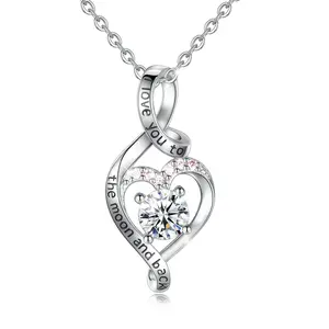 S925 Sterling Silver Heart Necklace 'I Love You to the Moon and Back' Engraved, Shiny Pendant With CZ, Handmade Jewelry Valentine’s Gift