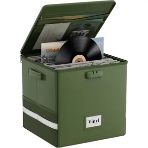Vinyl Record Storage Box with Lock, FireproofWater Resistant Record Organizer for 100+ Single Records(12-inch), Collapsible Storage Crate with Lid&Handles for Valuable Album Collection,Green
