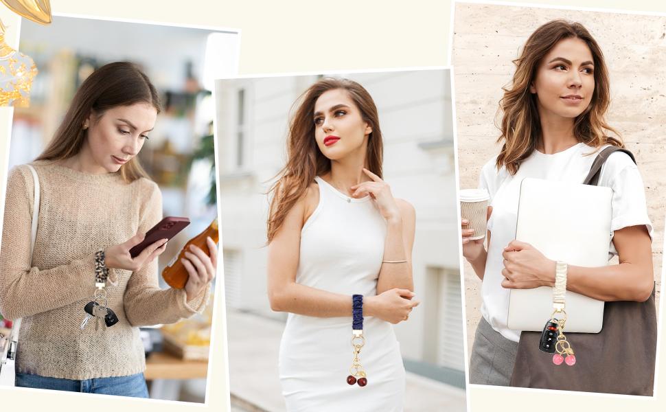 Wristlet Keychain for Women Stretchy Key Chain for Car Keys Bracelet Keychain with Cute Keychain Cherry/-ring