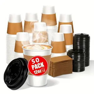 50pcs 12oz Disposable Cups with Lids Durable for Hot Cold Drinks Office Home