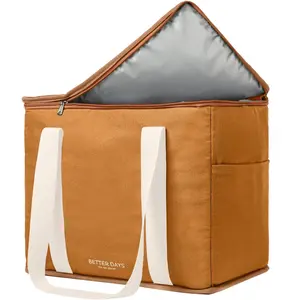 Insulated Grocery Bag - Leak Proof, X Large Insulated Cooler Bag - Insulated Shopping Bags for Groceries - Travel Cooler Bag for Frozen and Hot  with Zippered Top (Caramel Cream)