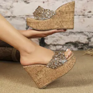 Women's 12cm Wedge Slide Sandals Wood-Grain Finish Peep-Toe Sequin Rhinestone Accents Single-Strap Design Vacation Style Plus Sizes Authentic Mediterranean Cork Bio-Adapts Anti-Slip Rubber Outsole Marble Light