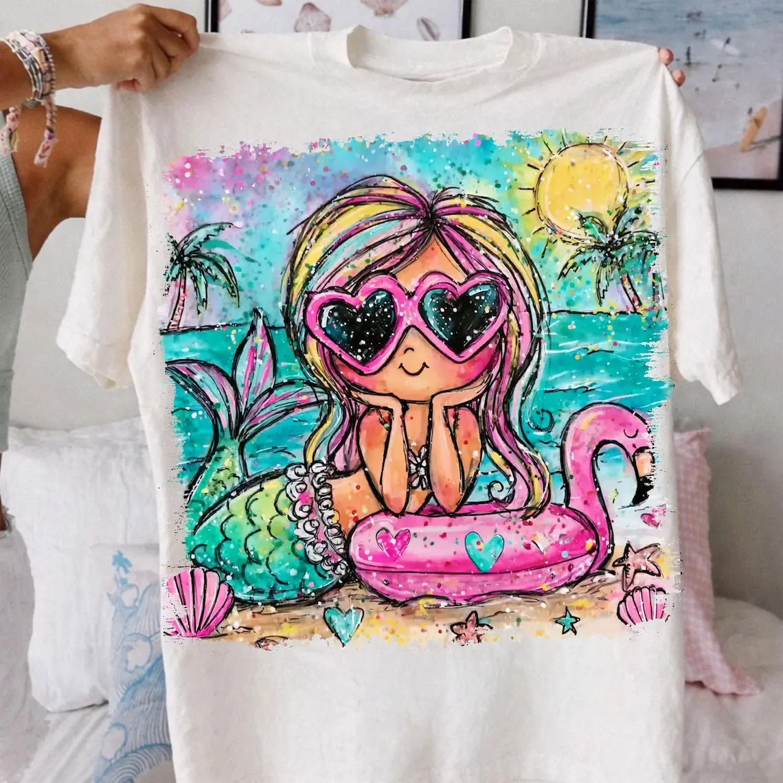 Preppy Mermaid Shirt, Beach Girl With Sunglasses Design, Hand Drawn Colorful Summer Tee