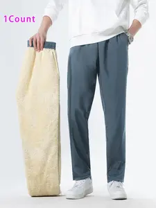 Men's Solid Thermal Lined Pants, Casual Comfy Drawstring Waist Trousers for Fall & Winter, Men's Bottoms for Daily Wear, Thermal Menswear