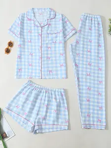 Women's 3-Piece Pajama Set Pjs Pyjamas, Short Sleeve Open Front Top + Shorts + Long Pants, Blue Plaid Bow Print, Casual Pajamas Set Fitted Sleepwear Loungewear Matching Pj Set