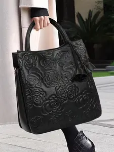 Women's Floral Embossed Cowhide Handbag with Flower Charm, Stylish Handbag, Floral Embossed Satchel, Large Capacity Tote Bag with Shoulder Strap, Daily Commuting Bag