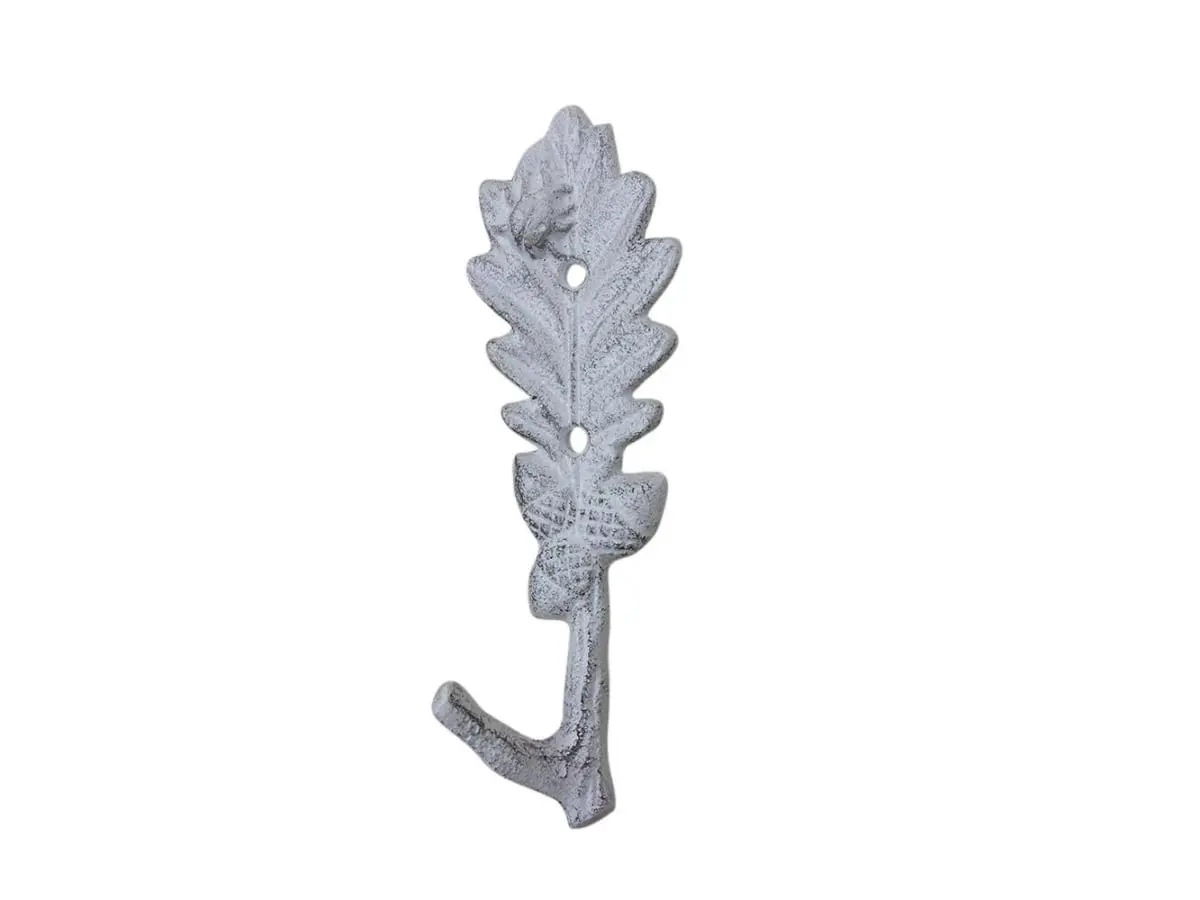Rustic Farmhouse Decor Cast Iron Single Hook - Country Rustic, Solid Heavyweight, 360-Degree Stand, Whitewashed Oak Tree Leaf with Acorns, Handcrafted 9913A-w, 6.5in H x 1.5in W x 3in L, Wall Mount, Functional and Decorative Home Supply Hook