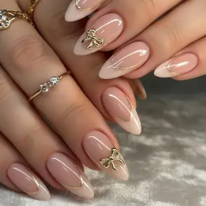 Gold Accent French Tip 3D Gold Bow Medium Almond Press On Nails – 24 pcs Fake Nails, Kit with Jelly Glue & File, Elegant & Minimal Nails for Everyday Wear