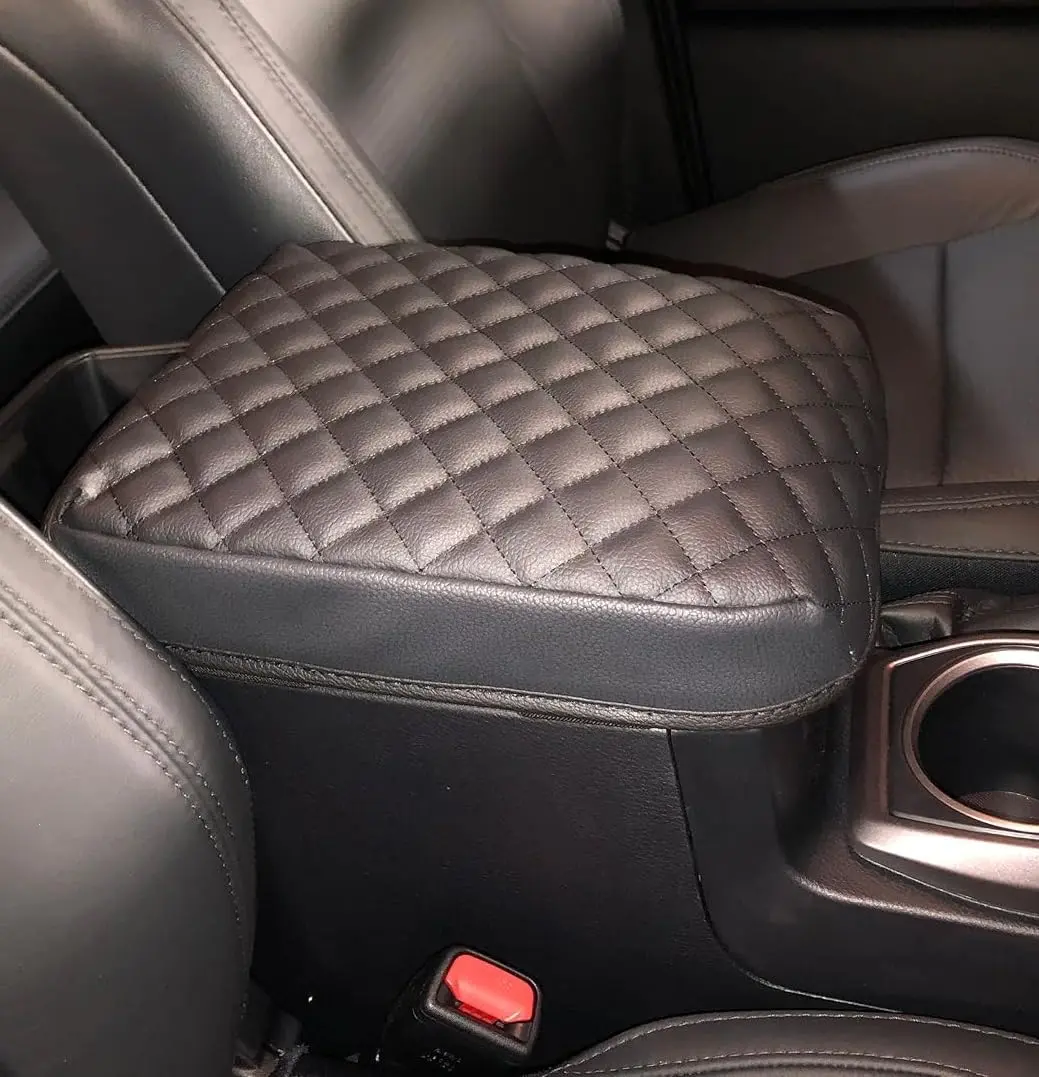 PU Leather Center Console Cover - Automotive Interior Cushion for Toyota Tacoma 2016-2023, Embroidered Black Car Armrest Accessory