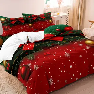 3pcs Red and Green Christmas Bedding Set, Christmas Ball Snowflake Bow Decorative Pattern Duvet Cover Set with 1 *Duvet Cover + 2 *Pillowcases, Soft Comfortable Breathable Quilt Cover with Pillowcases, Suitable for Bedroom Christmas Gift Home Decoration