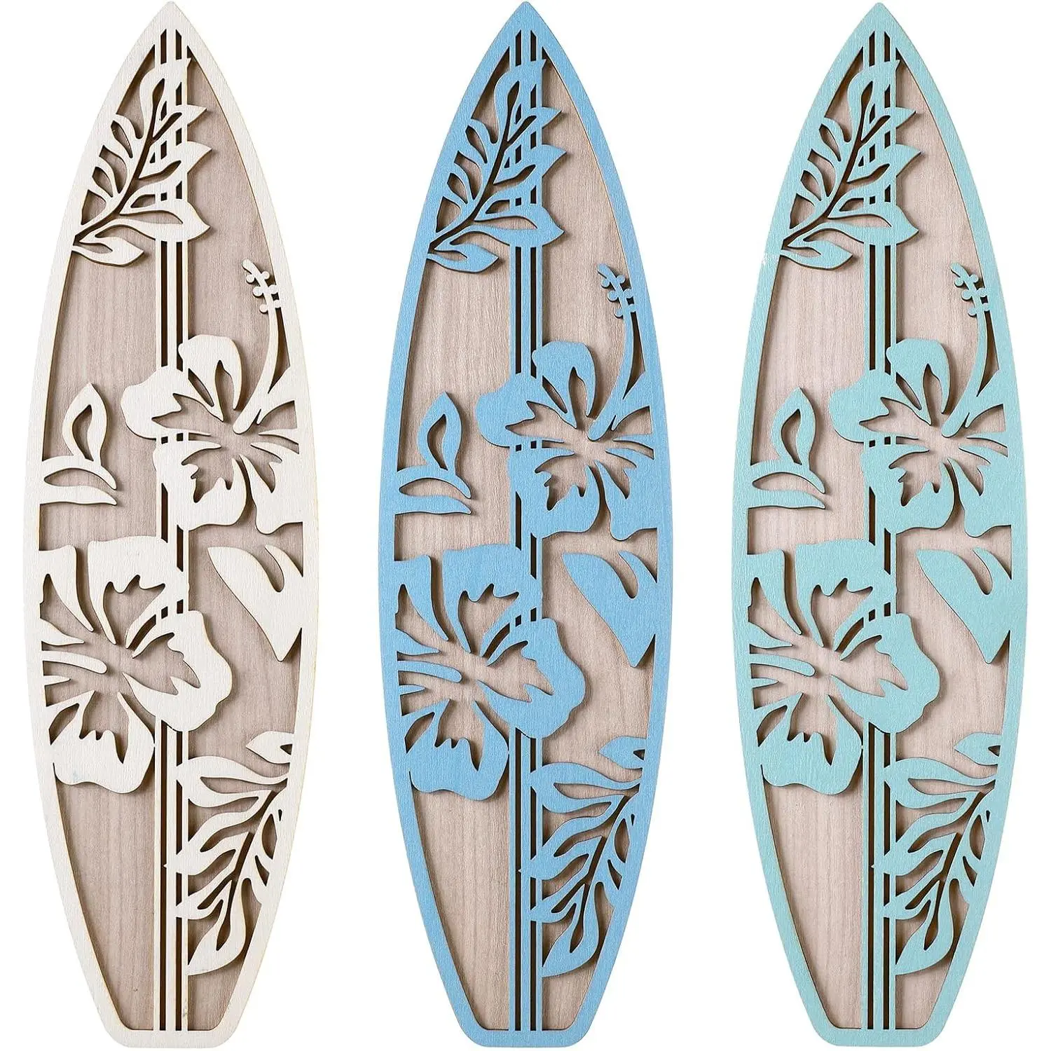X-OMT26 3-Piece Hawaiian Hangable Wooden Hibiscus Surfboard Home Decor, Blue Beach Wall Hanging Ornament for Bedroom, Tropical Living Room, Interior Decoration Accessories, Home Decorative Ornament