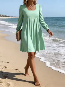 New Plus Size Square Neck Ruched Long Sleeve Dress, Stylish and Comfortable Design, Perfect for Casual Wear, Ideal for Daily