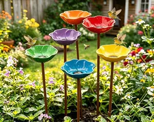Flower Garden Stake Bird Bath, Decorative Outdoor Water Feeder, Yard Art Gift