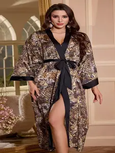 Women's Long Leopard Print Satin Bathrobe Sleepwear, Sexy Fitted Home Loungewear, All Seasons Fashion, Big Sleeve Design
